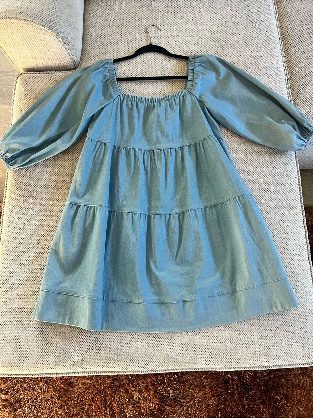 FESTIVAL— Women’s Denim Tiered Mini Dress w Puff Sleeves